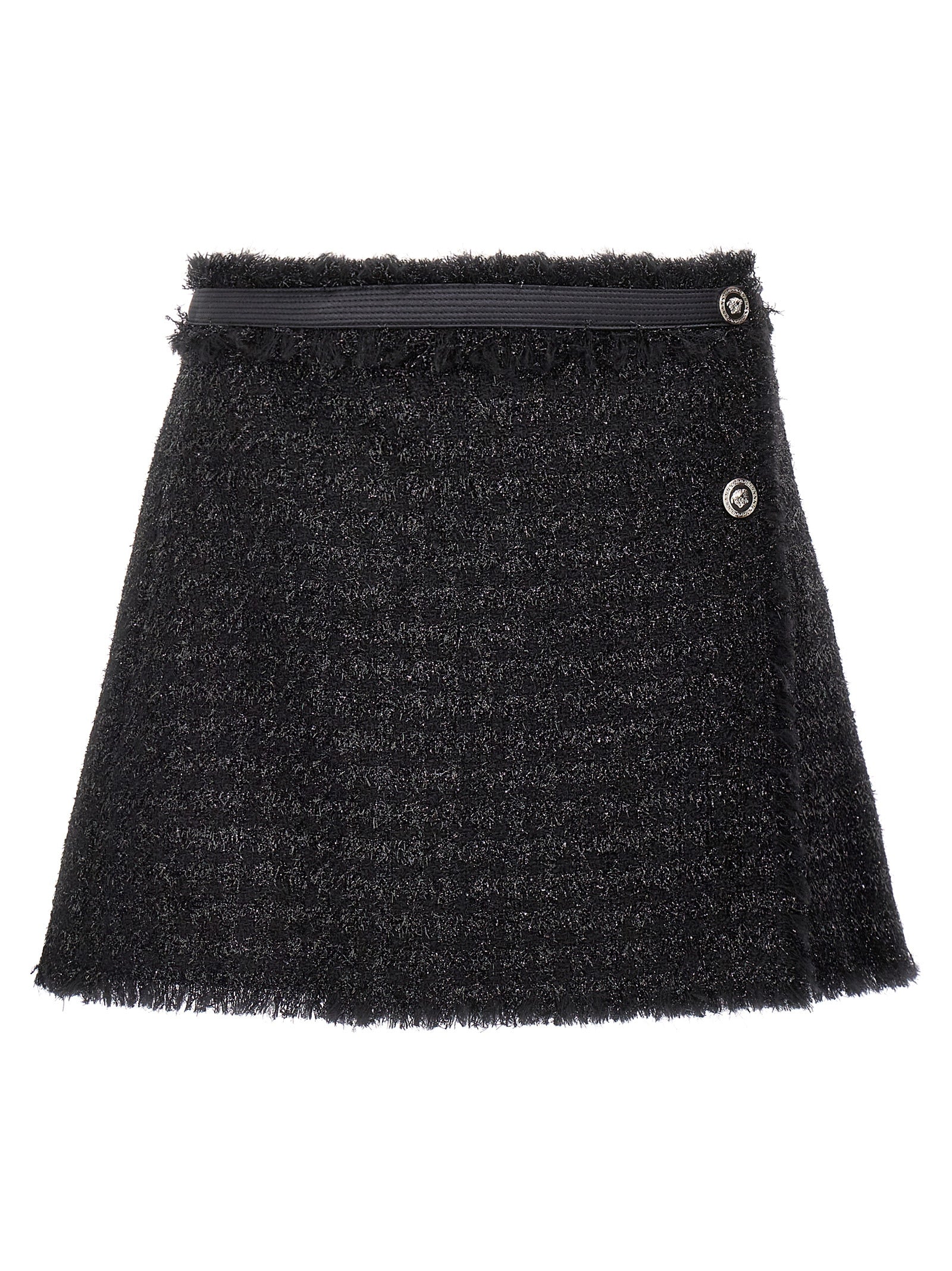 Skirt by Versace for women in polyamide lurex & virgin wool black features an tailored silhouette, artfully capturing the essence of Medusa Women's Polyamide Lurex & Virgin Wool Long Skirt in a sophisticated long.