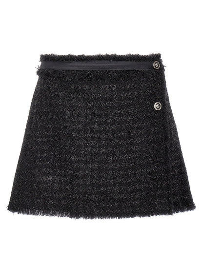Skirt by Versace for women in polyamide lurex & virgin wool black features an tailored silhouette, artfully capturing the essence of Medusa Women's Polyamide Lurex & Virgin Wool Long Skirt in a sophisticated long.