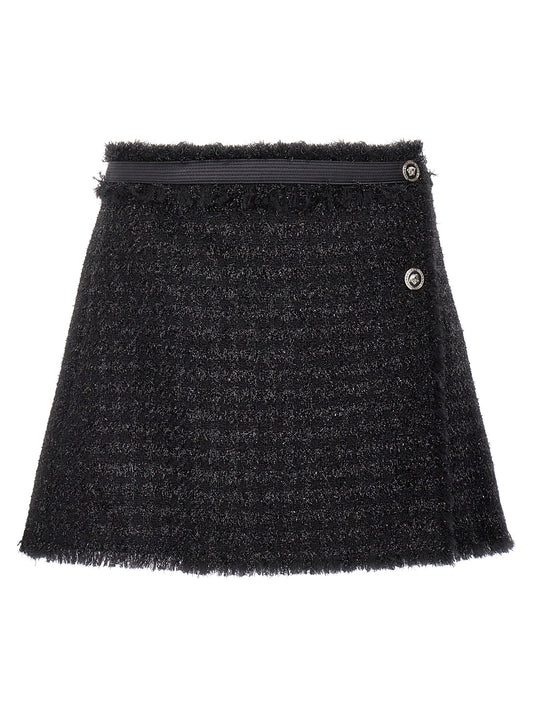 Skirt by Versace for women in polyamide lurex & virgin wool black features an tailored silhouette, artfully capturing the essence of Medusa Women's Polyamide Lurex & Virgin Wool Long Skirt in a sophisticated long.