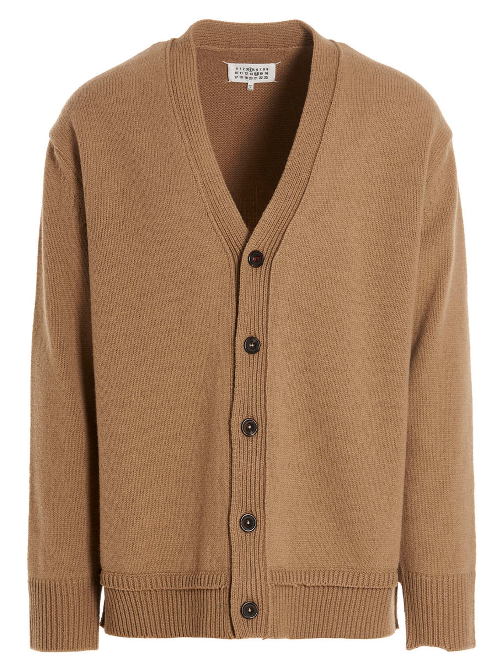 Cardigan by Maison Margiela for men in linen cotton wool & suede leather beige features a nuanced silhouette with a refined v-neck neckline and nuanced detailing for a sophisticated look.