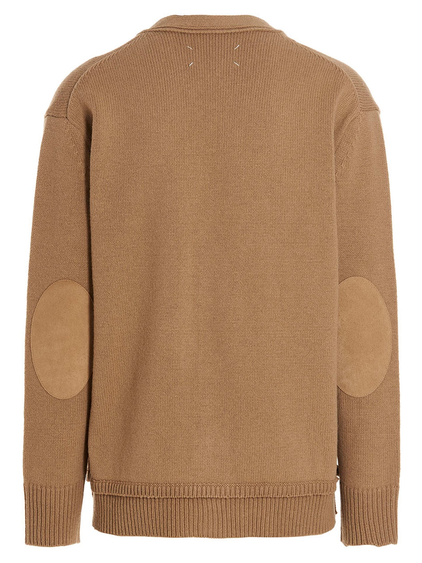 Cardigan by Maison Margiela for men in linen cotton wool & suede leather beige presents a textural silhouette, artfully finished with a textural v-neck neckline and for a sophisticated, textural look.