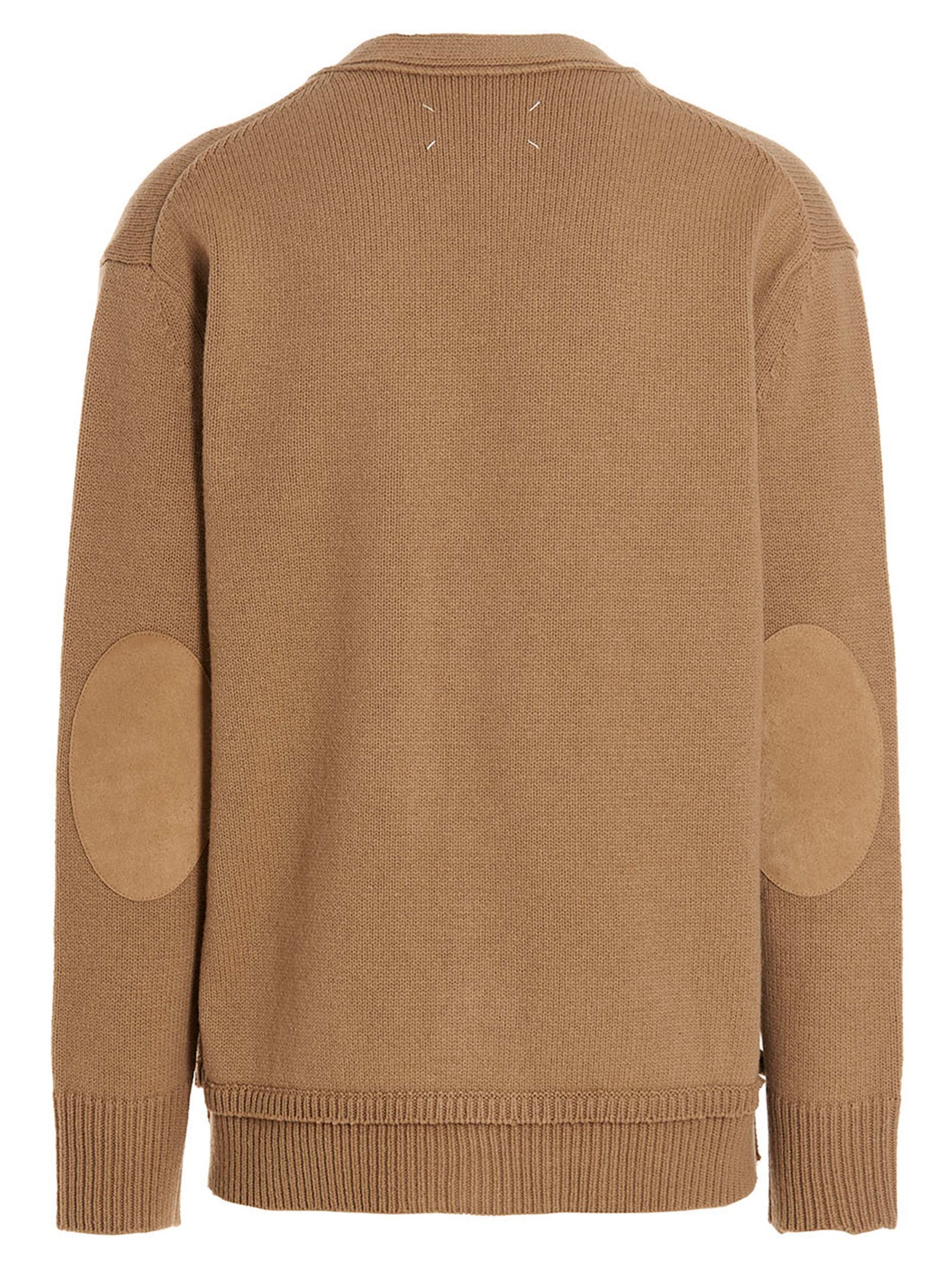 Cardigan by Maison Margiela for men in linen cotton wool & suede leather beige presents a textural silhouette, artfully finished with a textural v-neck neckline and for a sophisticated, textural look.