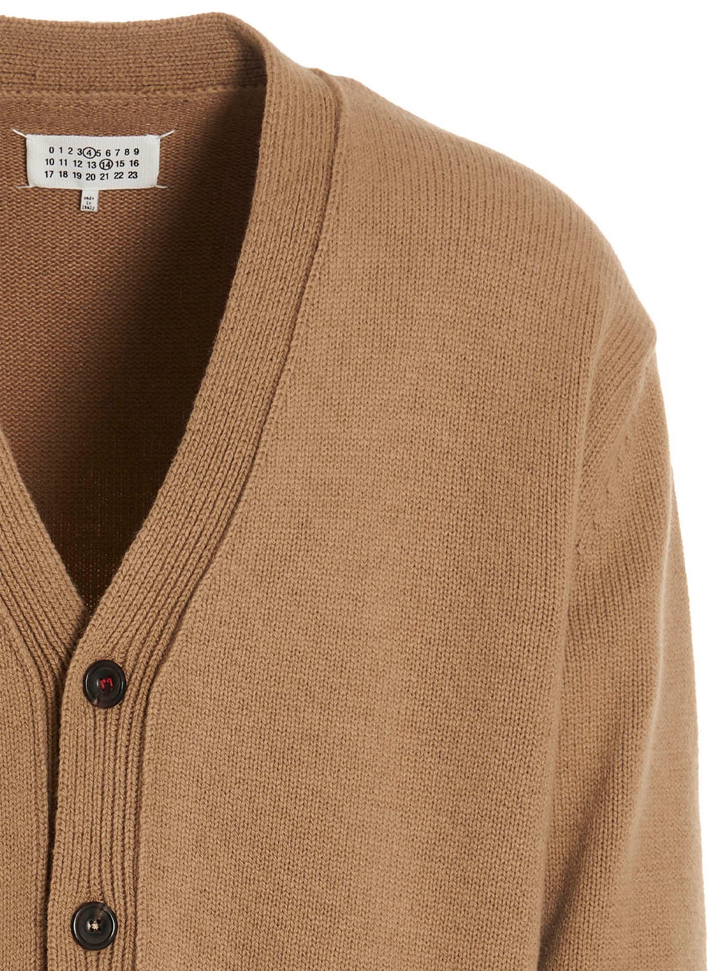 Cardigan by Maison Margiela for men in linen cotton wool & suede leather beige features an crisp silhouette, showcasing a sophisticated v-neck neckline and detail for a truly crisp finish.