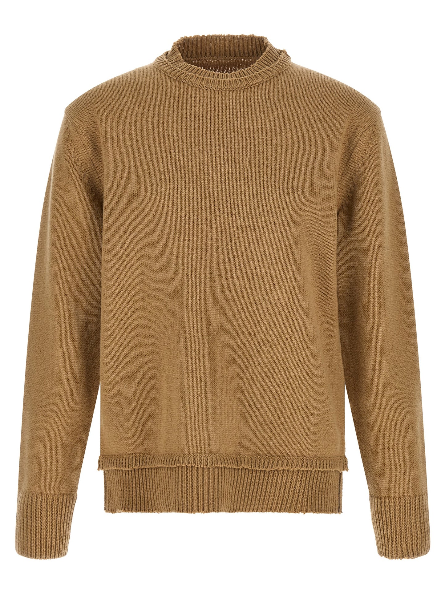 Cardigan by Maison Margiela for men in linen cotton wool & suede leather beige features an impeccable silhouette, showcasing a sophisticated wrap crew neckline and long-sleeve detail for a truly impeccable finish.