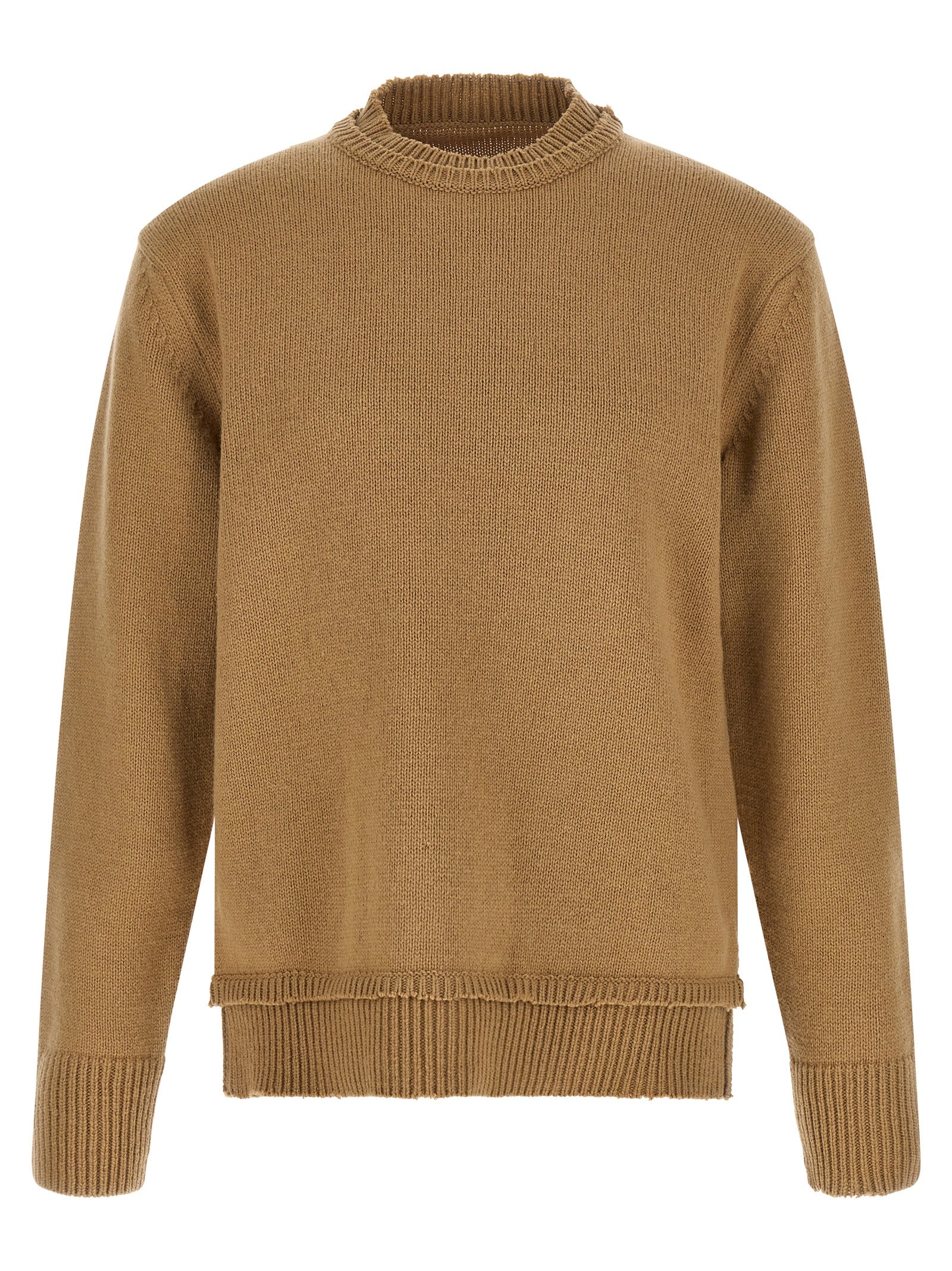 Cardigan by Maison Margiela for men in linen cotton wool & suede leather beige features an impeccable silhouette, showcasing a sophisticated wrap crew neckline and long-sleeve detail for a truly impeccable finish.