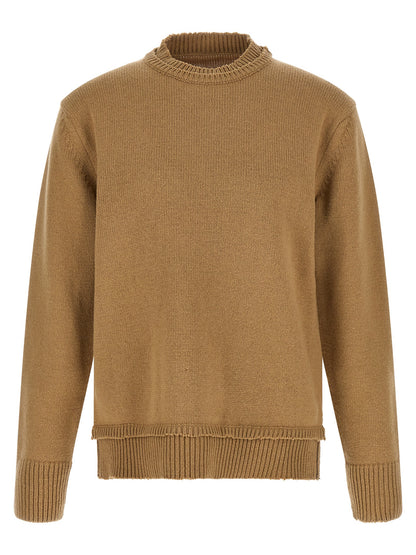Cardigan by Maison Margiela for men in linen cotton wool & suede leather beige features an impeccable silhouette, showcasing a sophisticated wrap crew neckline and long-sleeve detail for a truly impeccable finish.