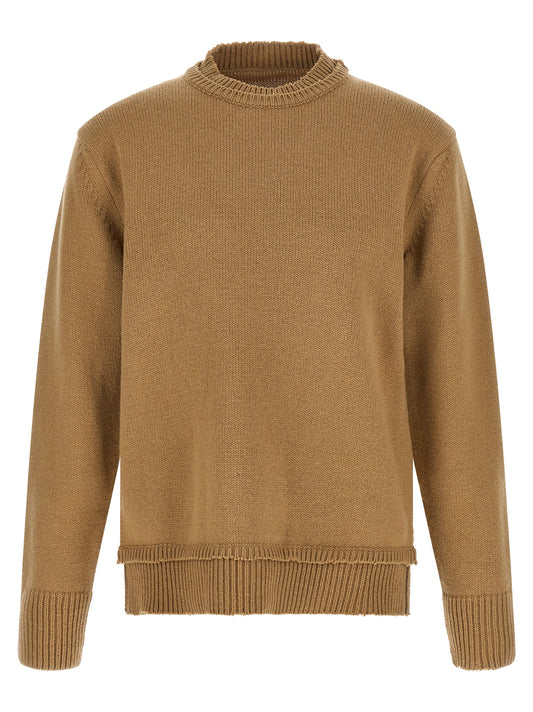 Cardigan by Maison Margiela for men in linen cotton wool & suede leather beige features an impeccable silhouette, showcasing a sophisticated wrap crew neckline and long-sleeve detail for a truly impeccable finish.