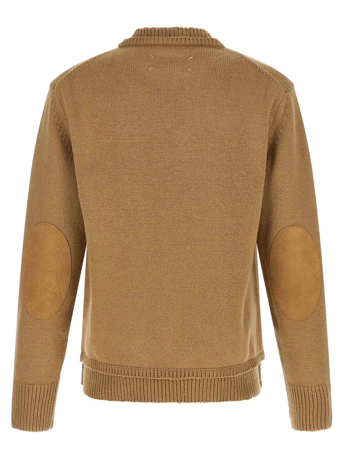 Cardigan by Maison Margiela for men in linen cotton wool & suede leather beige presents a textural silhouette, artfully finished with a textural wrap crew neckline and for a sophisticated, textural look.