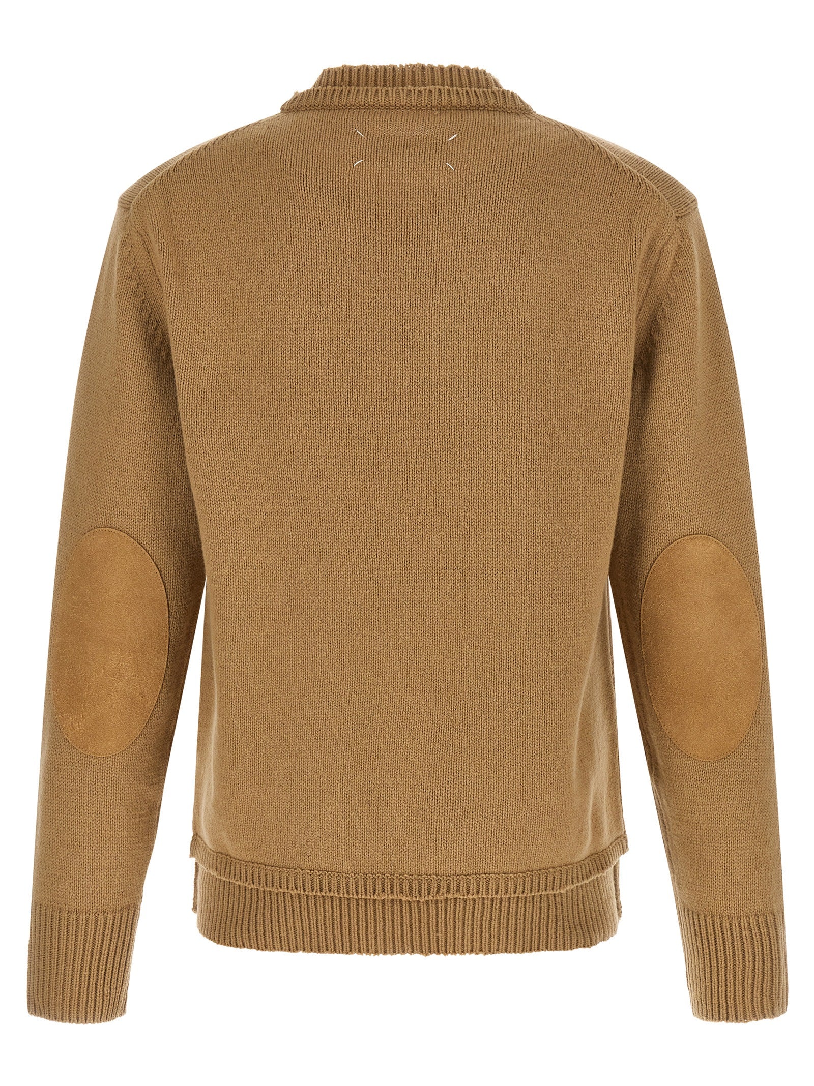 Cardigan by Maison Margiela for men in linen cotton wool & suede leather beige presents a textural silhouette, artfully finished with a textural wrap crew neckline and for a sophisticated, textural look.