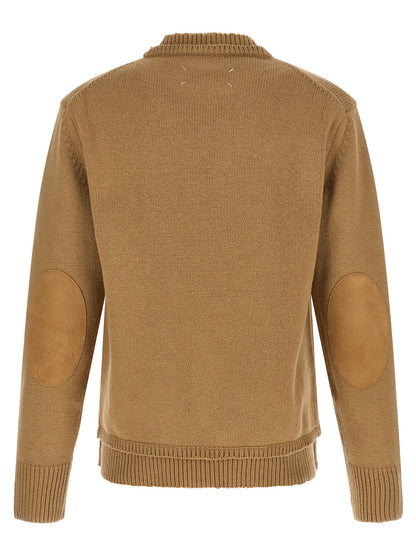 Cardigan by Maison Margiela for men in linen cotton wool & suede leather beige presents a textural silhouette, artfully finished with a textural wrap crew neckline and for a sophisticated, textural look.