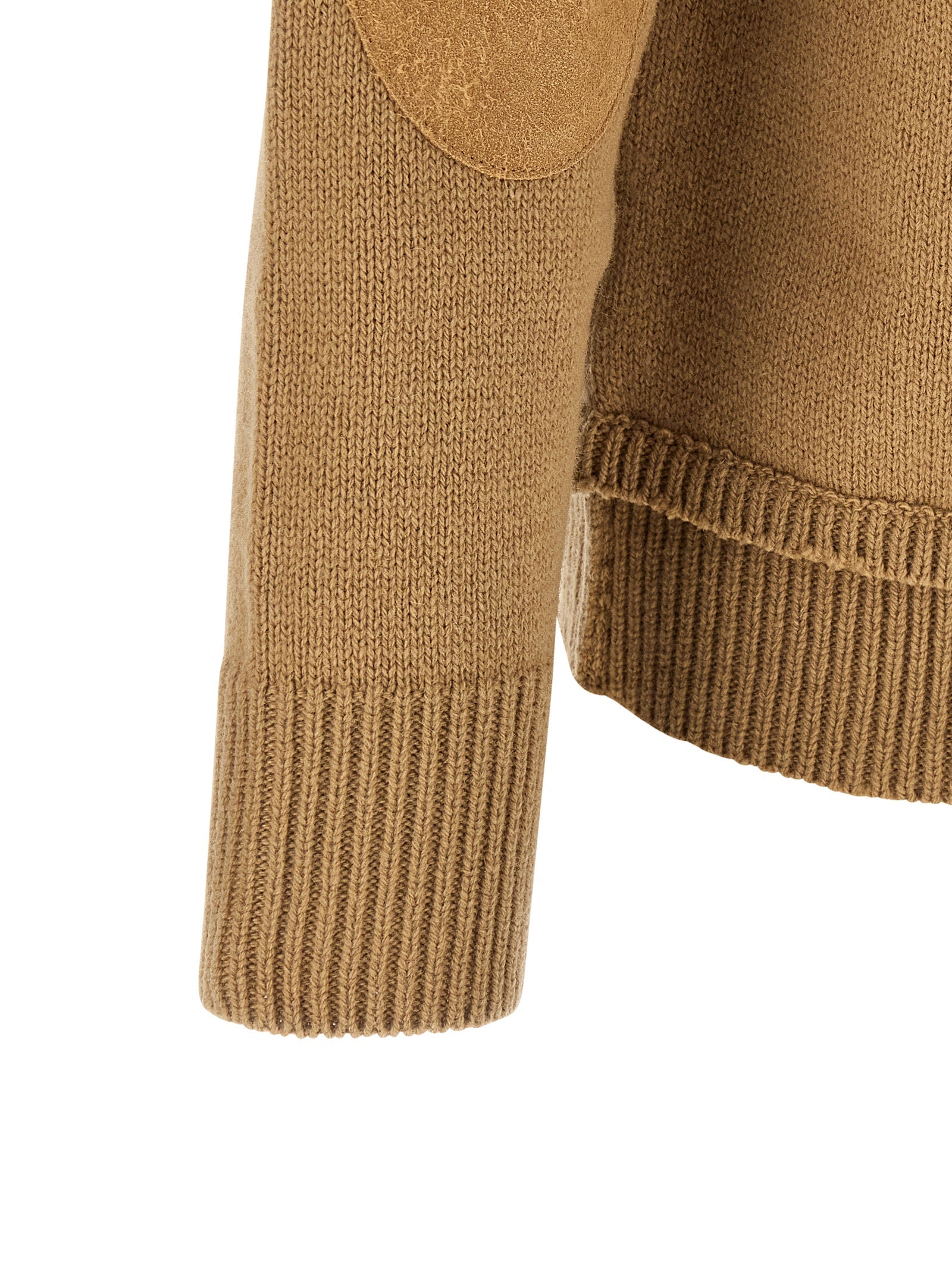 Cardigan by Maison Margiela for men in linen cotton wool & suede leather beige features a dramatic silhouette, showcasing a sophisticated and dramatic detail for a timeless, premium look.