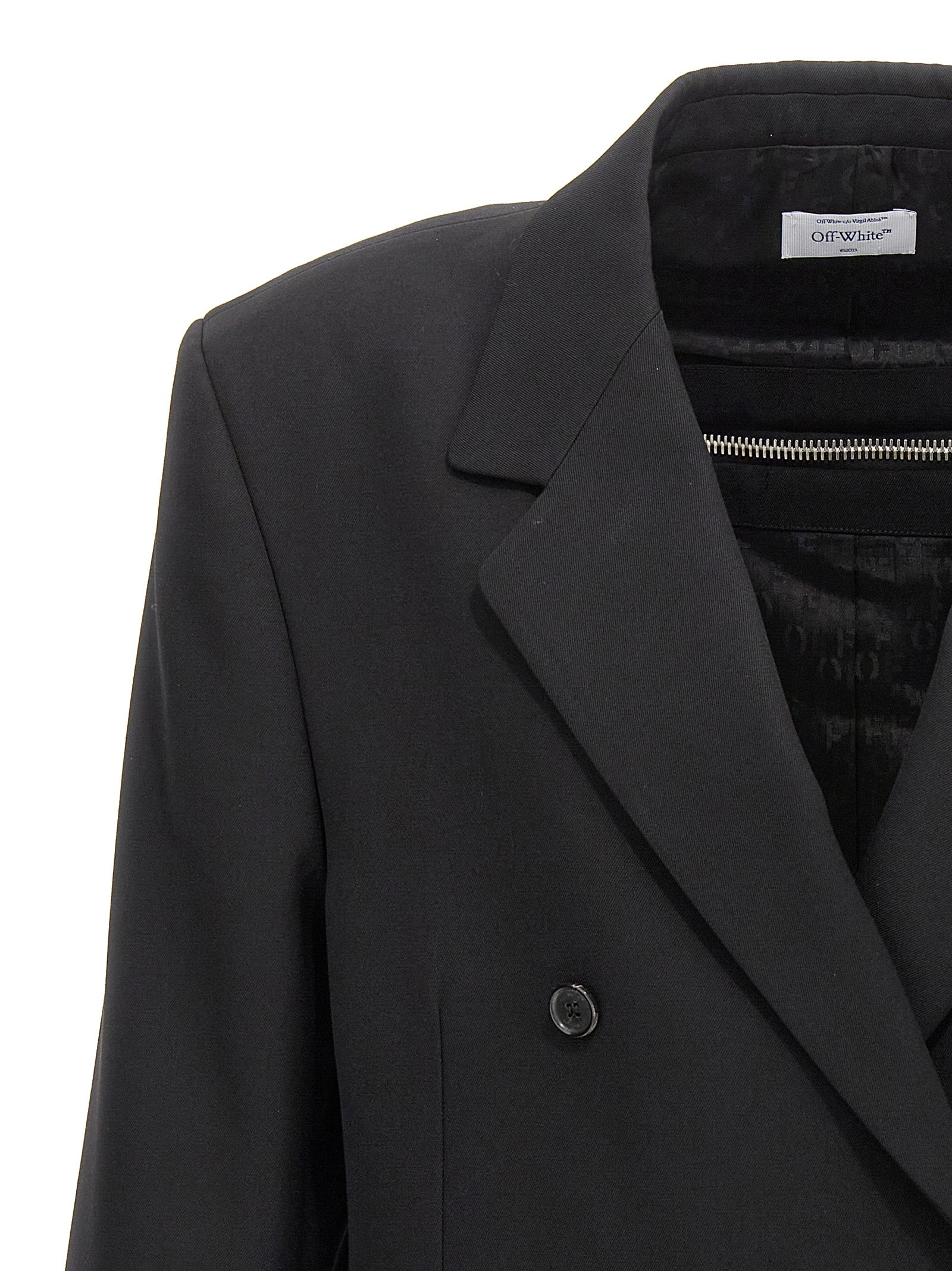 Blazer by Off-White for men in virgin wool black & white presents a distinguished silhouette, detailed with a distinguished and distinctive for a truly sophisticated finish.