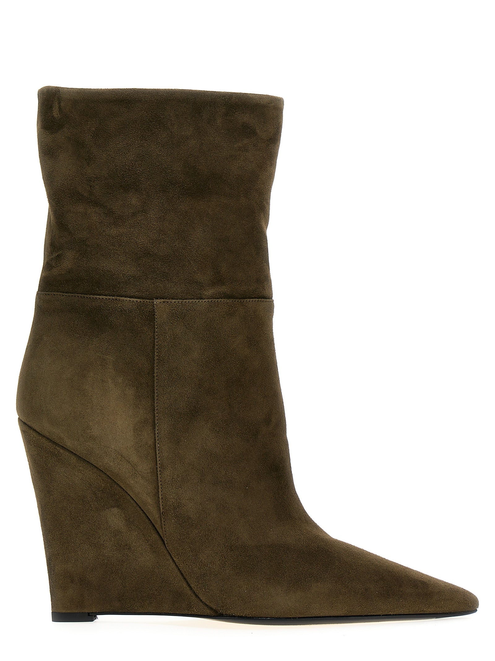Wedge Ankle Boots by ALEVÌ for women in suede leather bicolour & green features an high-performance silhouette, showcasing the sophisticated design of the Essence Women's Suede Leather Wedge Ankle Boots with a wedge and a refined pointed toe style.