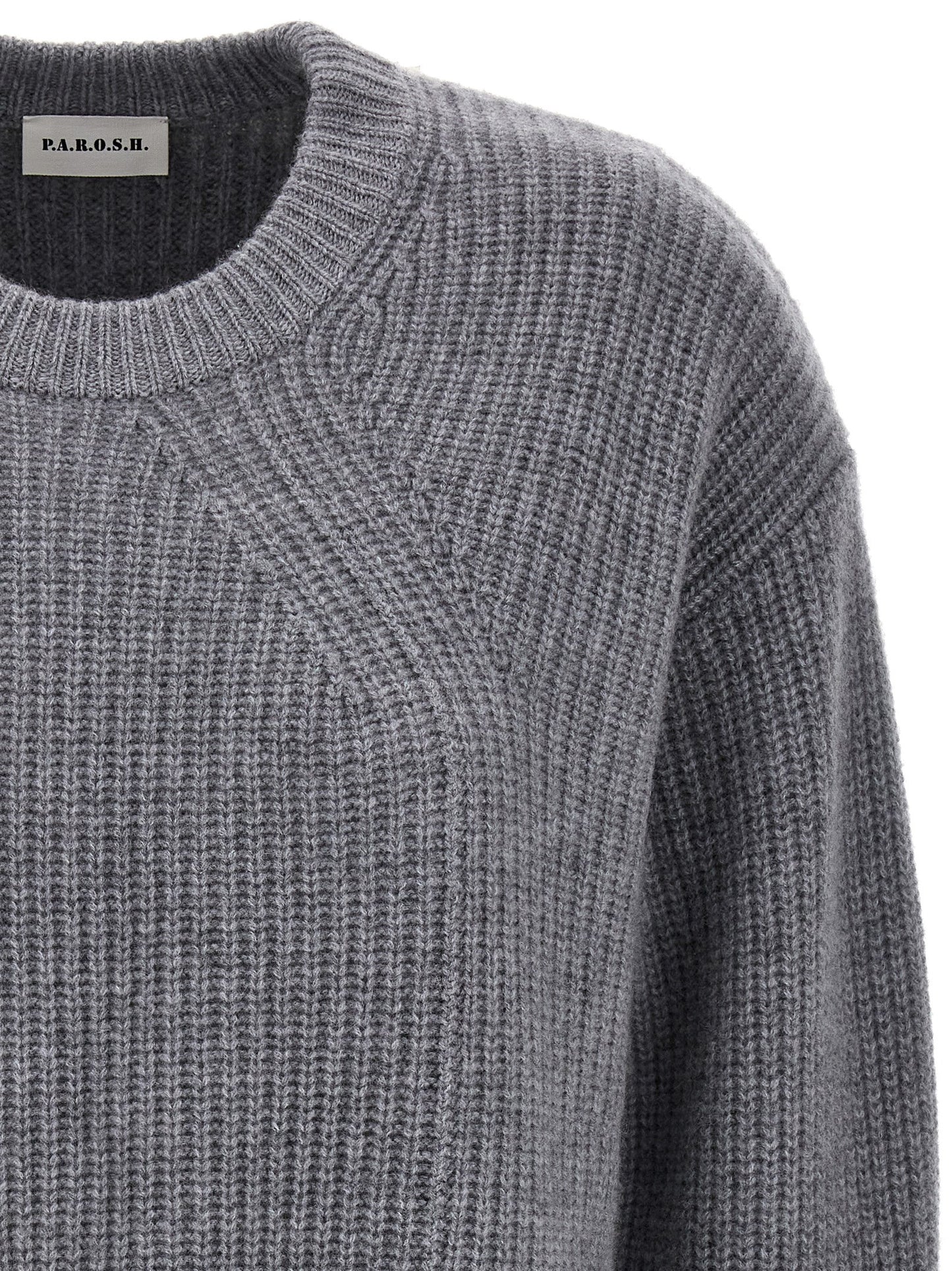 Cardigan by P.A.R.O.S.H. for women in cashmere gray features a dramatic silhouette, showcasing a sophisticated and dramatic detail for a timeless, premium look.