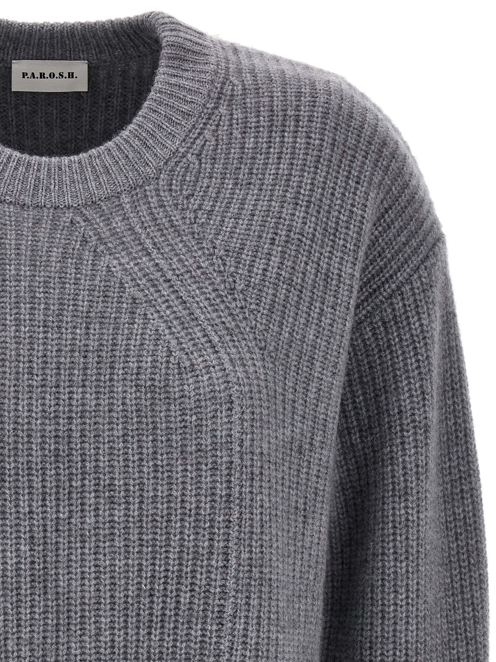 Cardigan by P.A.R.O.S.H. for women in cashmere gray features a dramatic silhouette, showcasing a sophisticated and dramatic detail for a timeless, premium look.