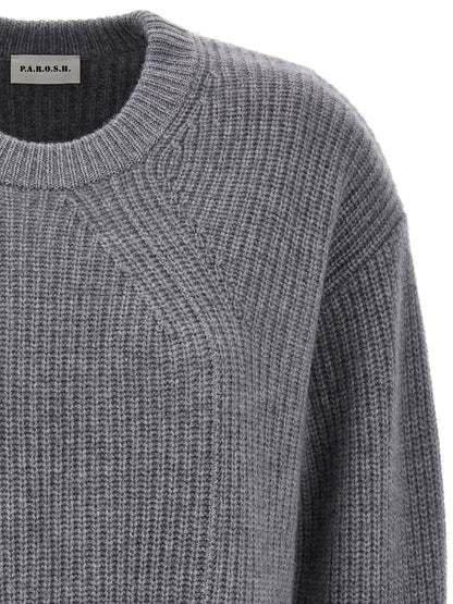 Cardigan by P.A.R.O.S.H. for women in cashmere gray features a dramatic silhouette, showcasing a sophisticated and dramatic detail for a timeless, premium look.