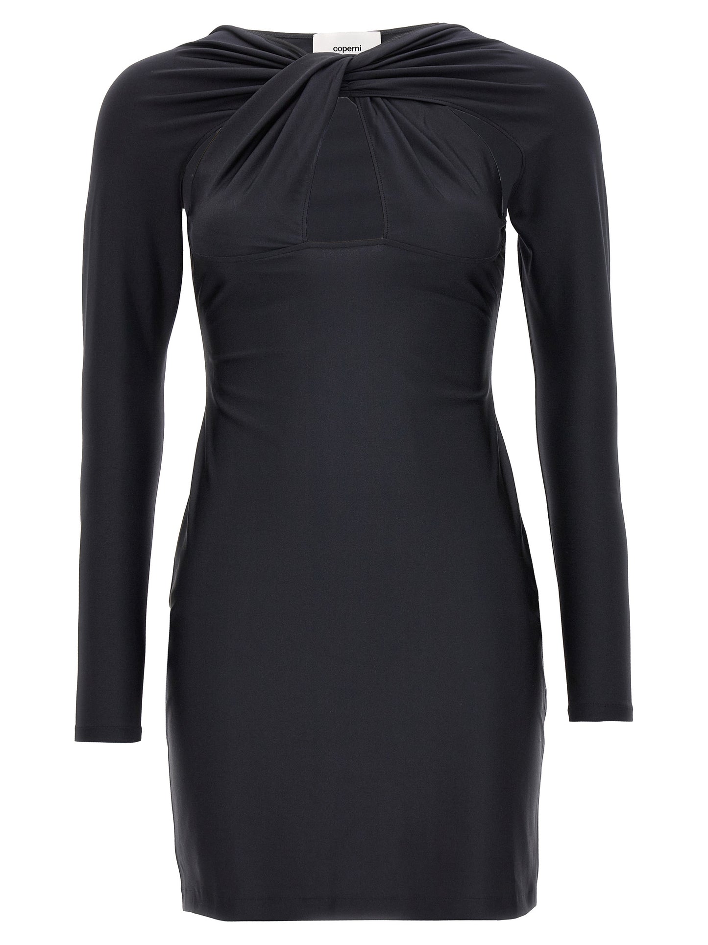 Dress by Coperni for women in stretch polyamide black showcases a striking silhouette, elegantly detailed with a long-sleeve, refined , and a striking short mini for a striking finish.
