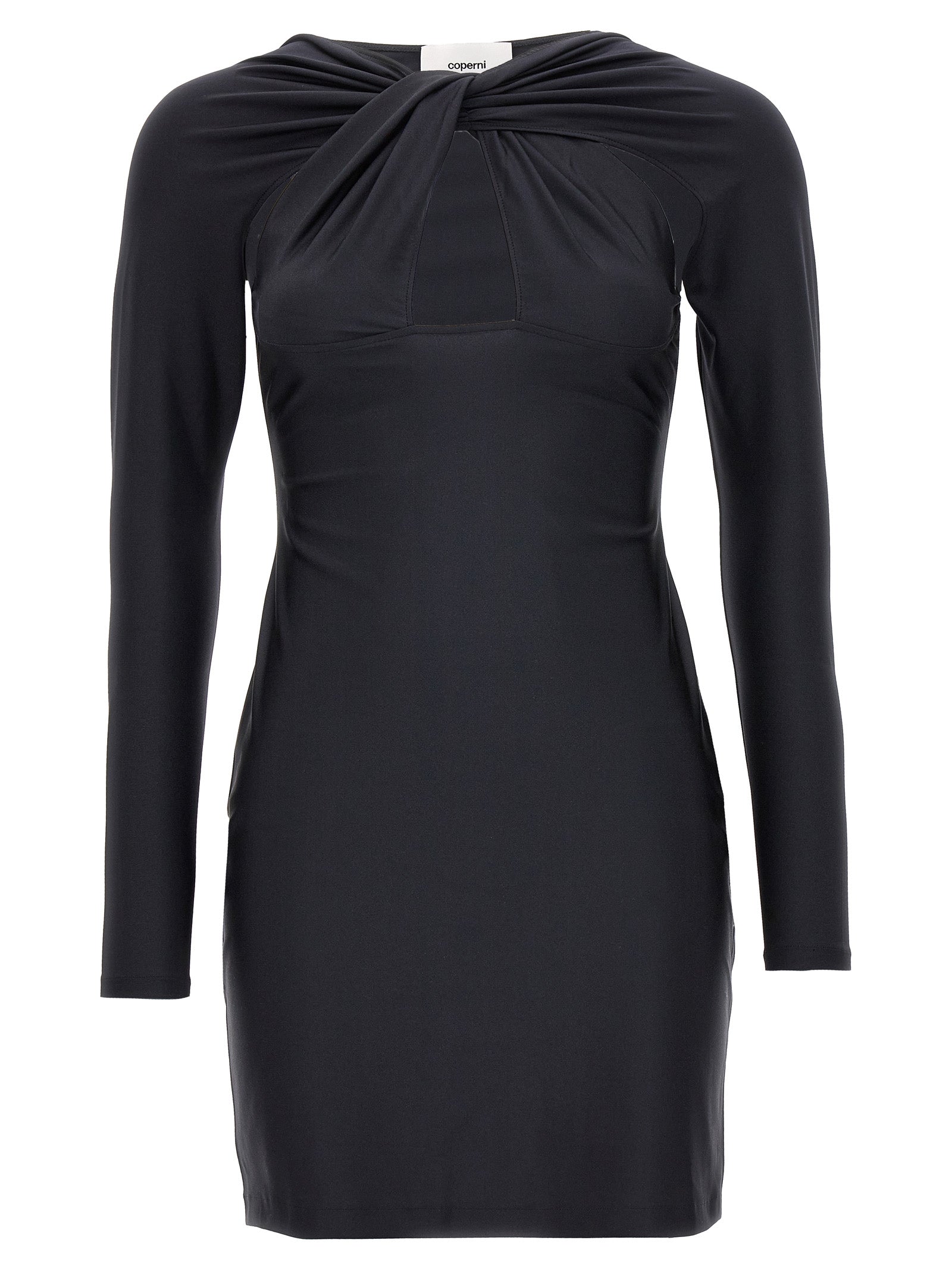 Dress by Coperni for women in stretch polyamide black showcases a striking silhouette, elegantly detailed with a long-sleeve, refined , and a striking short mini for a striking finish.