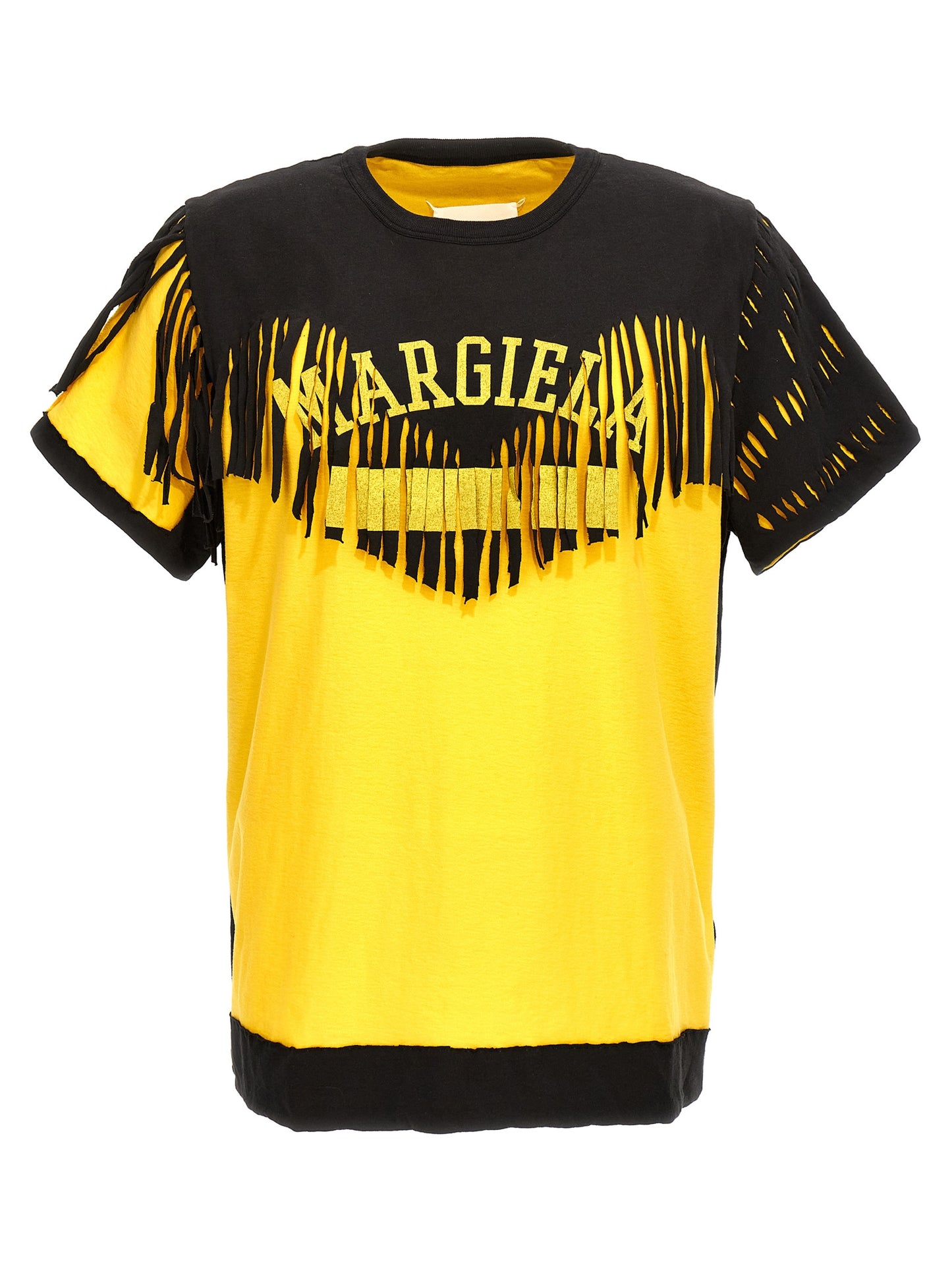 T-Shirt by Maison Margiela for men in cotton bicolour, yellow, signature & print showcases a dramatic silhouette, elegantly detailed with a dramatic and for a truly dramatic finish.