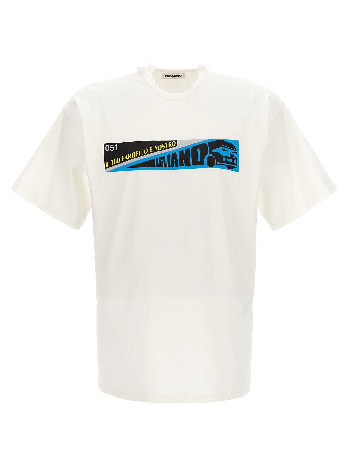 T-Shirt by Magliano for men in cotton white & print showcases a unassuming silhouette, artfully detailed with a refined crew neckline and unassuming short-sleeve for a sophisticated, contemporary look.