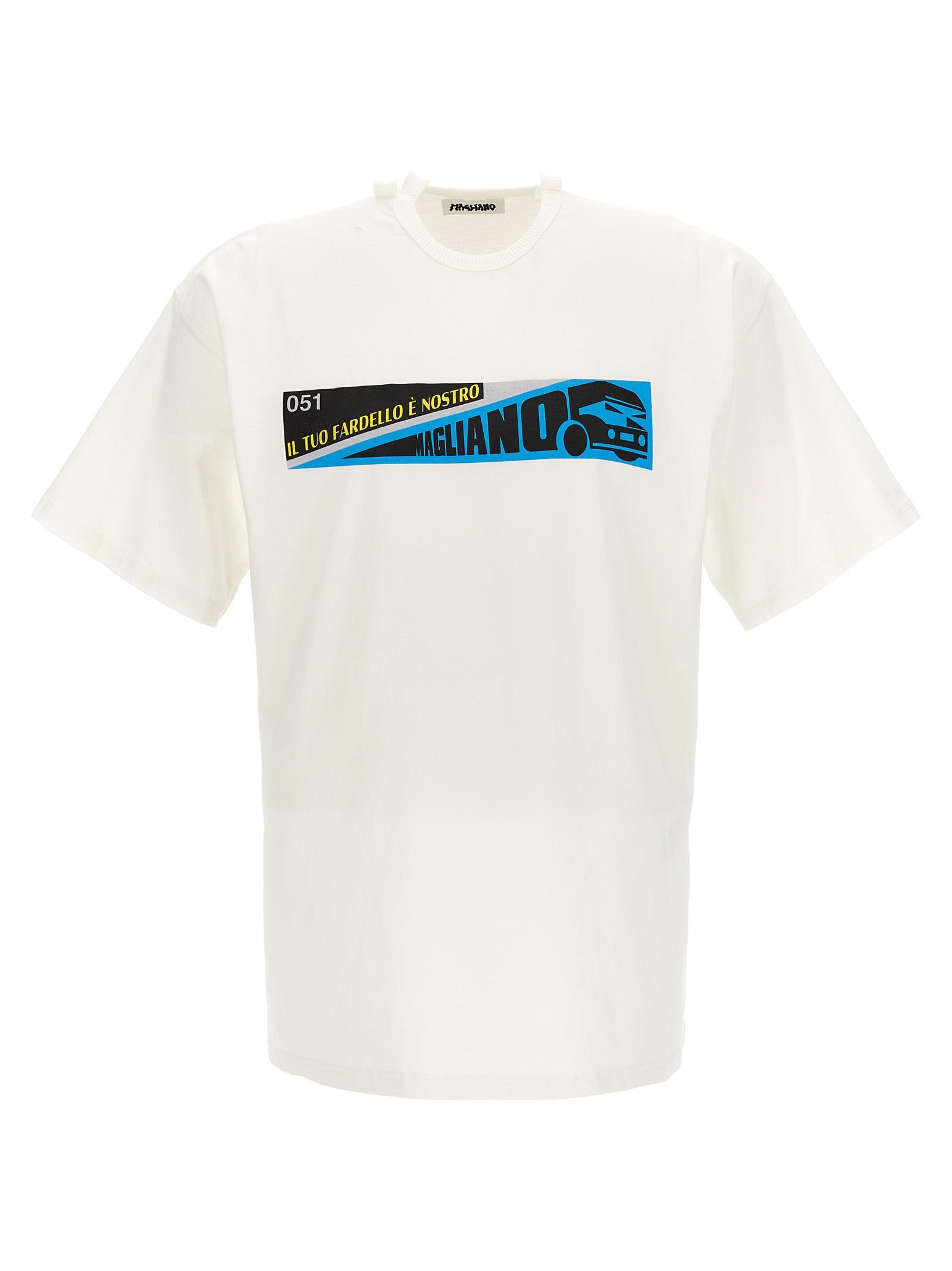 T-Shirt by Magliano for men in cotton white & print showcases a unassuming silhouette, artfully detailed with a refined crew neckline and unassuming short-sleeve for a sophisticated, contemporary look.
