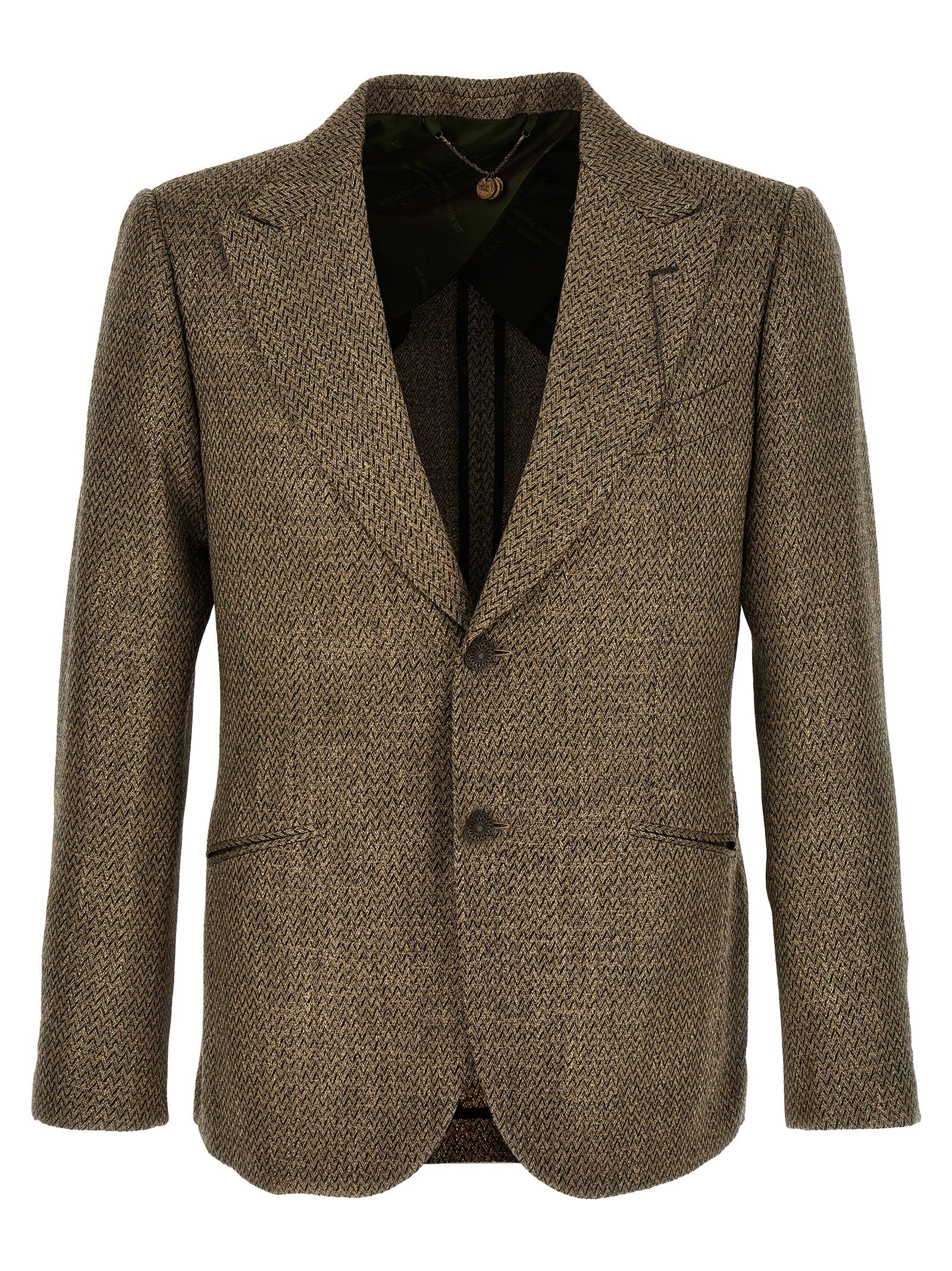Blazer by MAURIZIO MIRI for men in polyamide leather linen & alpaca wool beige, patterned & herringbone presents a distinguished silhouette, detailed with a distinguished split neckline and distinctive for a truly sophisticated finish.