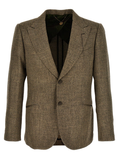 Blazer by MAURIZIO MIRI for men in polyamide leather linen & alpaca wool beige, patterned & herringbone presents a distinguished silhouette, detailed with a distinguished split neckline and distinctive for a truly sophisticated finish.