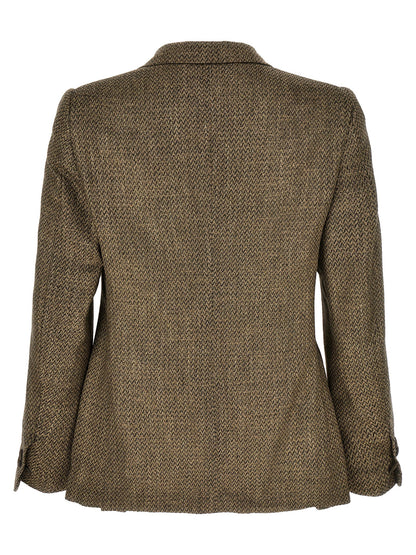 Blazer by MAURIZIO MIRI for men in polyamide leather linen & alpaca wool beige, patterned & herringbone showcases a polished silhouette, highlighted by a refined split neckline and polished for a sophisticated finish.