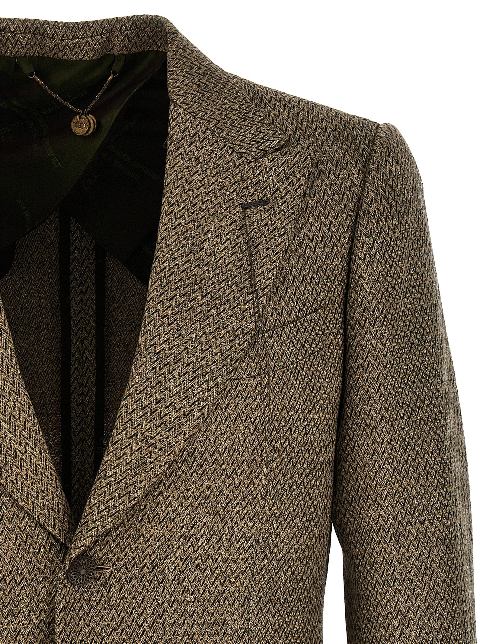 Blazer by MAURIZIO MIRI for men in polyamide leather linen & alpaca wool beige, patterned & herringbone showcases a polished silhouette, highlighted by a refined split neckline and polished for a sophisticated finish.