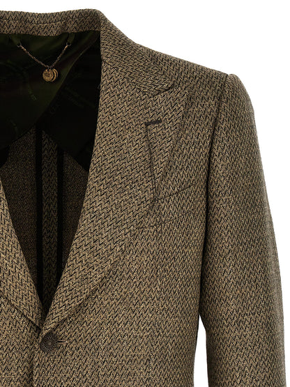 Blazer by MAURIZIO MIRI for men in polyamide leather linen & alpaca wool beige, patterned & herringbone showcases a polished silhouette, highlighted by a refined split neckline and polished for a sophisticated finish.