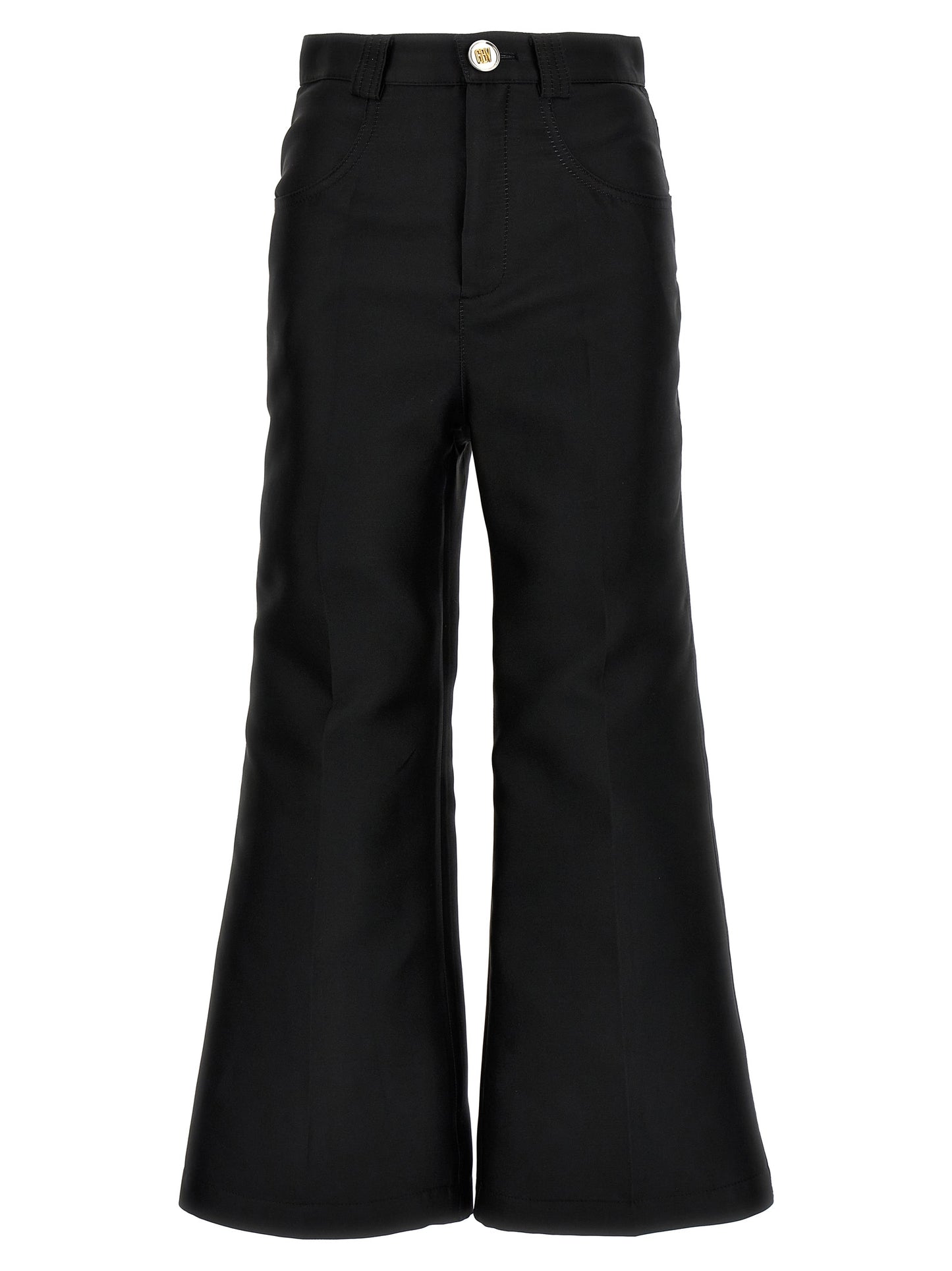 Trousers by Giambattista Valli for women in polyester & silk black presents a smart silhouette, meticulously detailed with a smart flared & cropped, a smart cropped, and a smart .