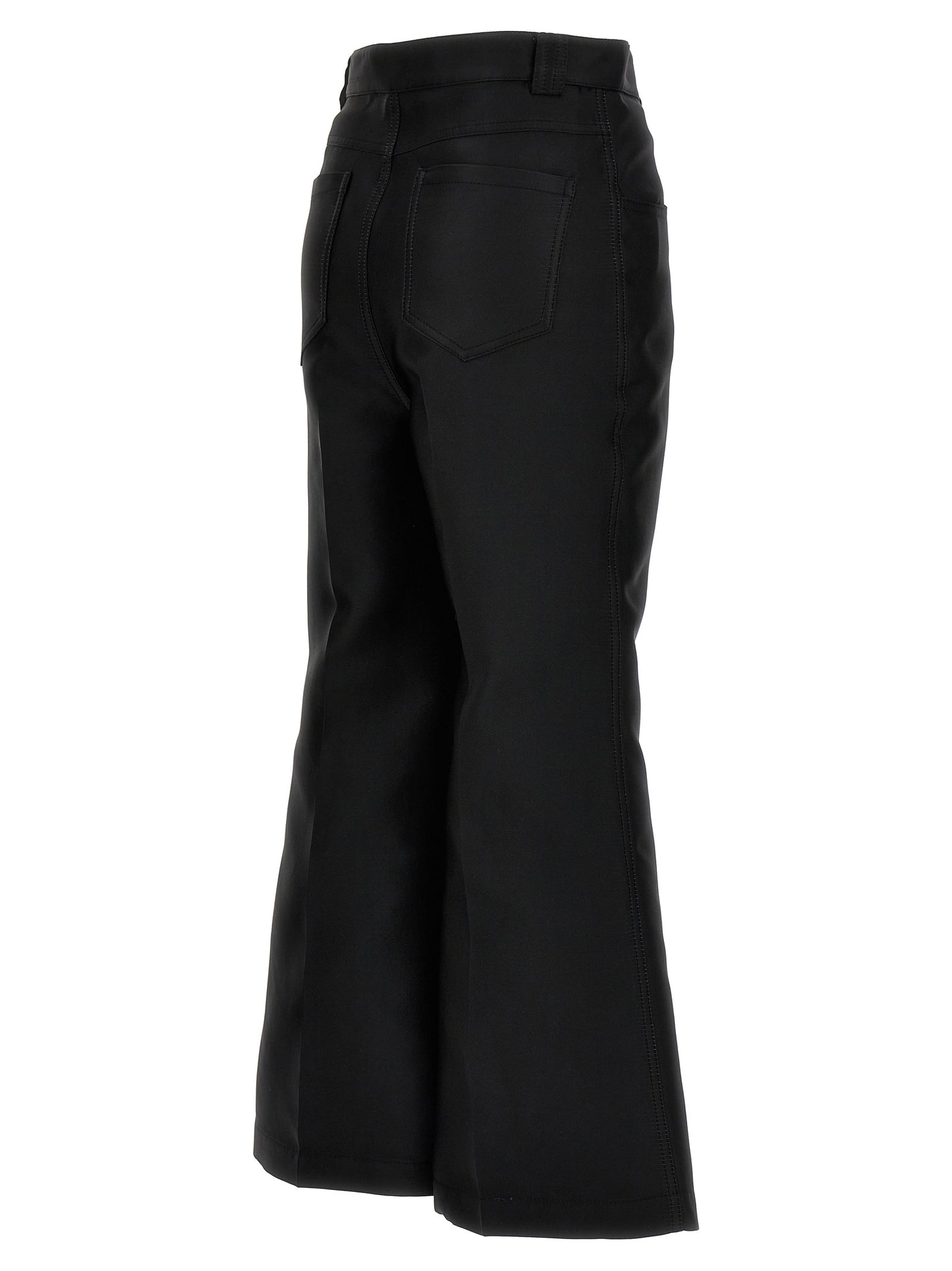 Trousers by Giambattista Valli for women in polyester & silk black presents a perennial silhouette, meticulously tailored with a flared & cropped cut, cropped finish, and an elegant .