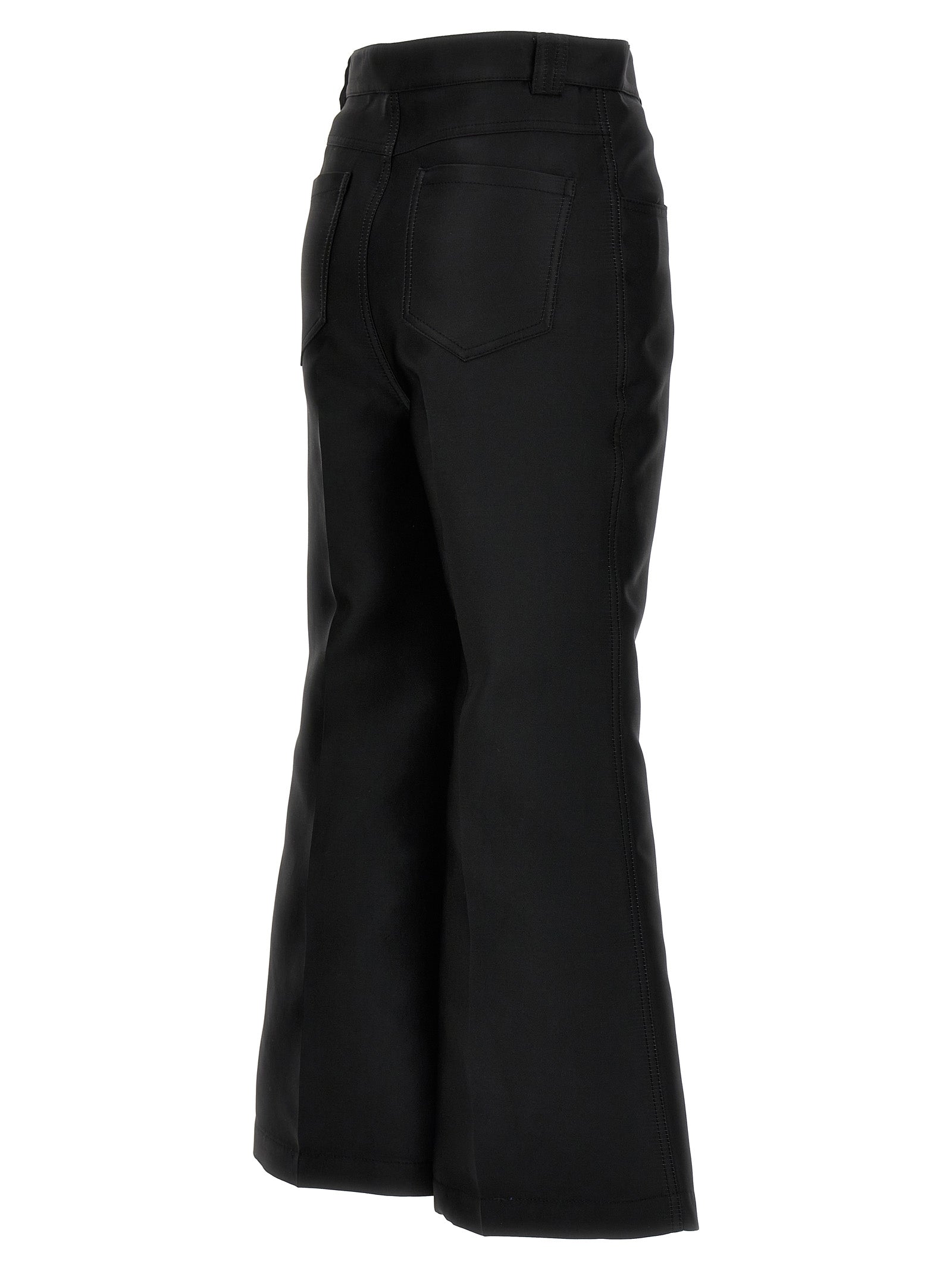 Trousers by Giambattista Valli for women in polyester & silk black presents a perennial silhouette, meticulously tailored with a flared & cropped cut, cropped finish, and an elegant .