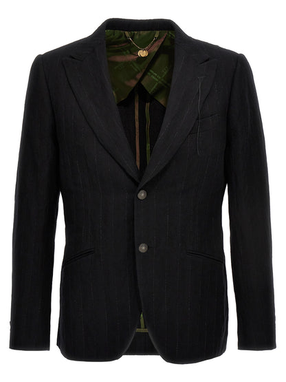 This Blazer by MAURIZIO MIRI for men in metallized fiber wool & cotton black presents a tailored silhouette, meticulously tailored with a tailored and distinctive for a tailored finish.