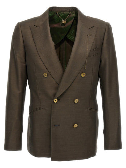 Blazer by MAURIZIO MIRI for men in mohair wool & silk bicolour & green showcases a discerning silhouette, elegantly detailed with a sophisticated and premium for a truly discerning finish.