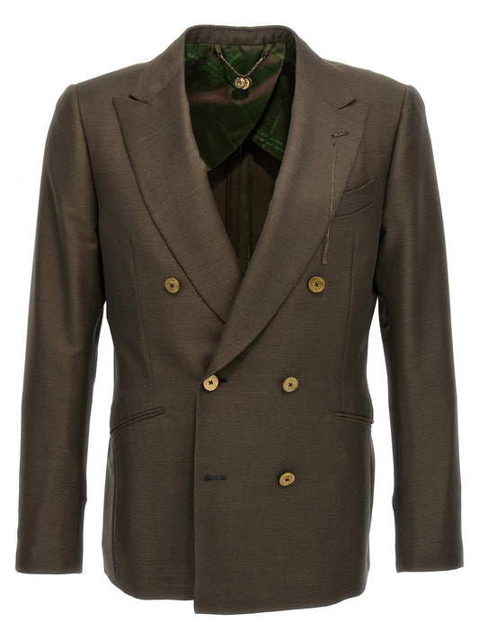Blazer by MAURIZIO MIRI for men in mohair wool & silk bicolour & green showcases a discerning silhouette, elegantly detailed with a sophisticated and premium for a truly discerning finish.