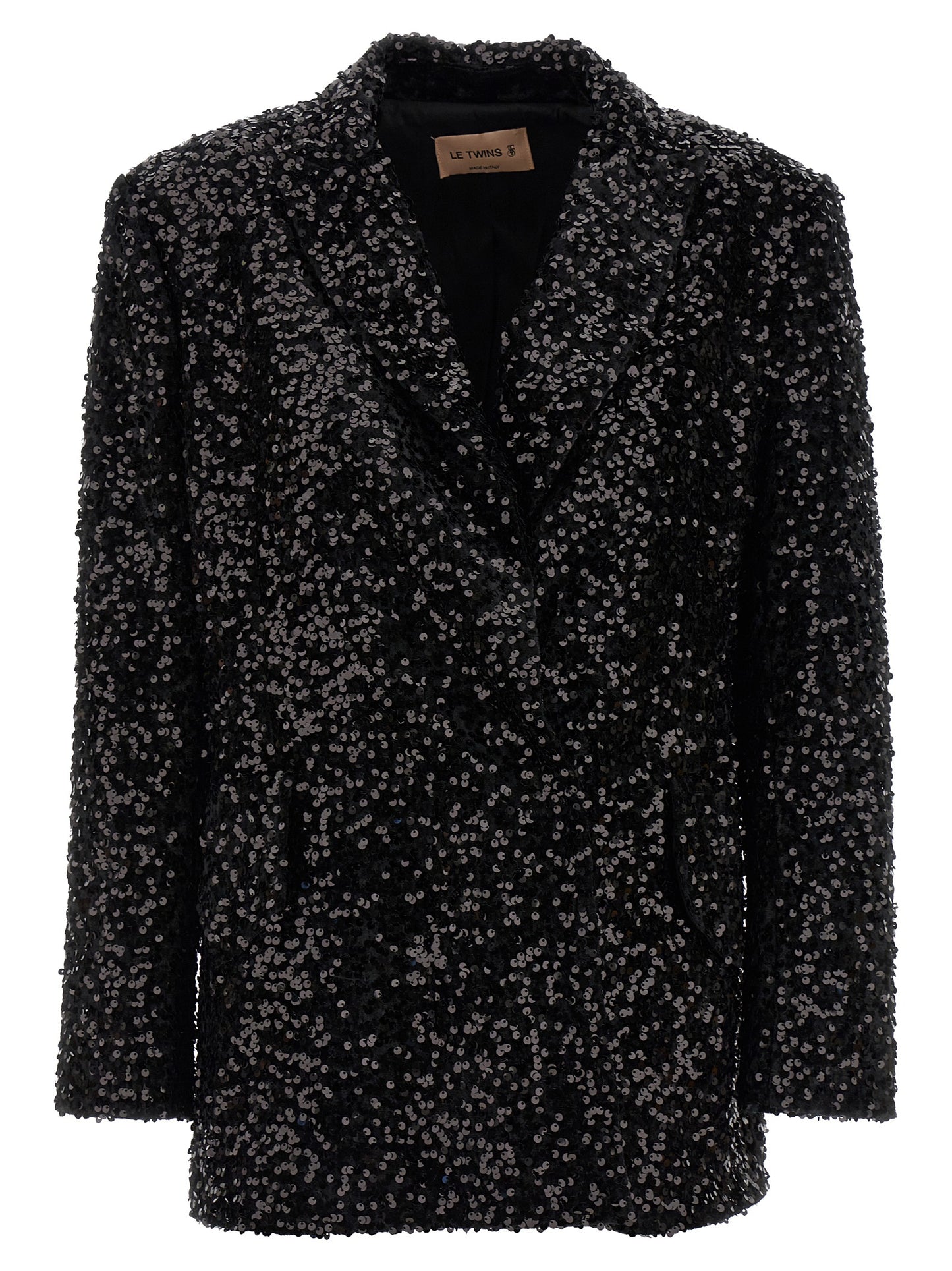 Blazer by LE TWINS for women in polyester & sequins black showcases a discerning silhouette, elegantly detailed with a sophisticated and premium for a truly discerning finish.