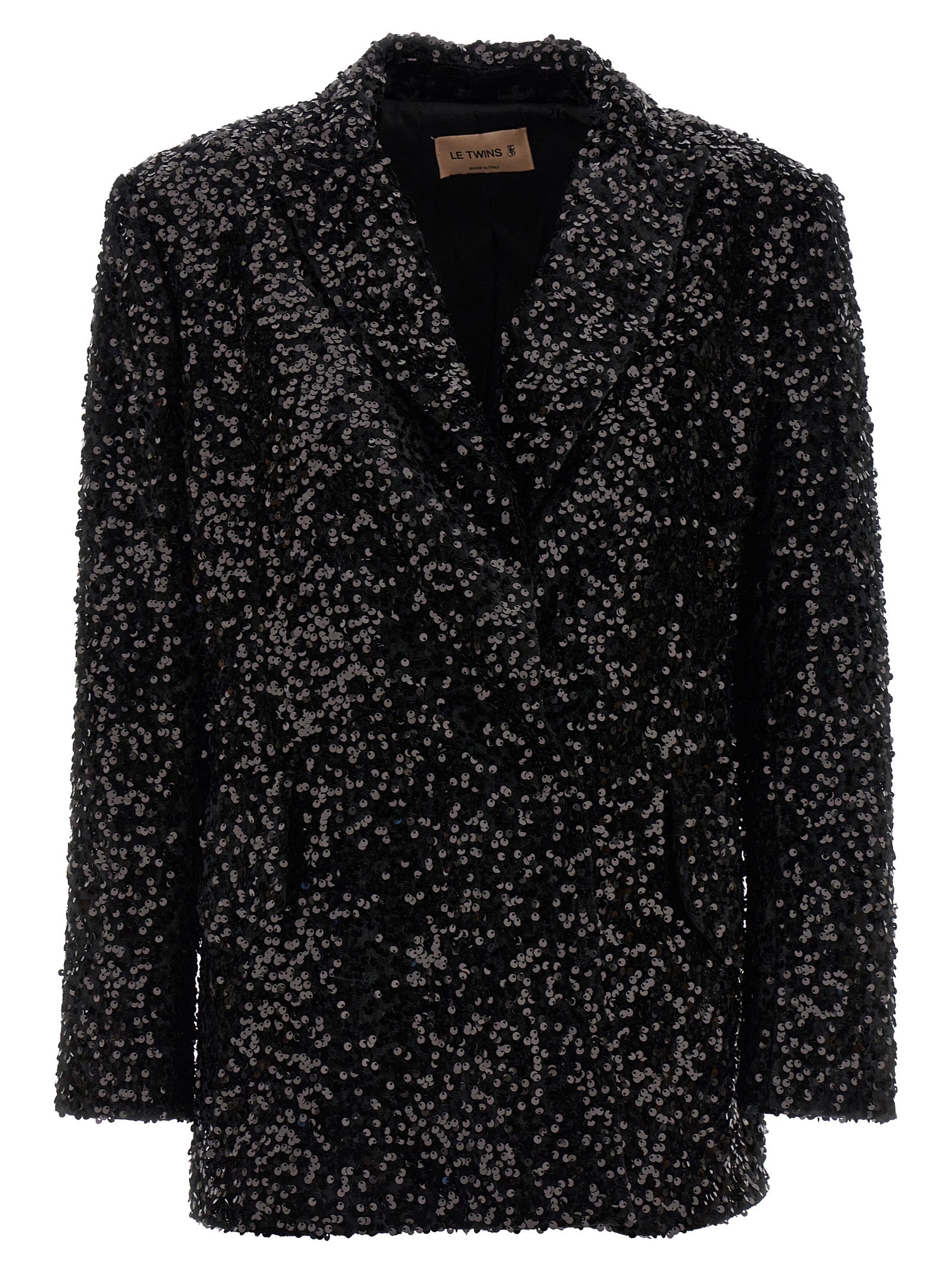 Blazer by LE TWINS for women in polyester & sequins black showcases a discerning silhouette, elegantly detailed with a sophisticated and premium for a truly discerning finish.