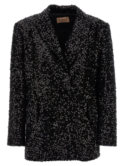 Blazer by LE TWINS for women in polyester & sequins black showcases a discerning silhouette, elegantly detailed with a sophisticated and premium for a truly discerning finish.