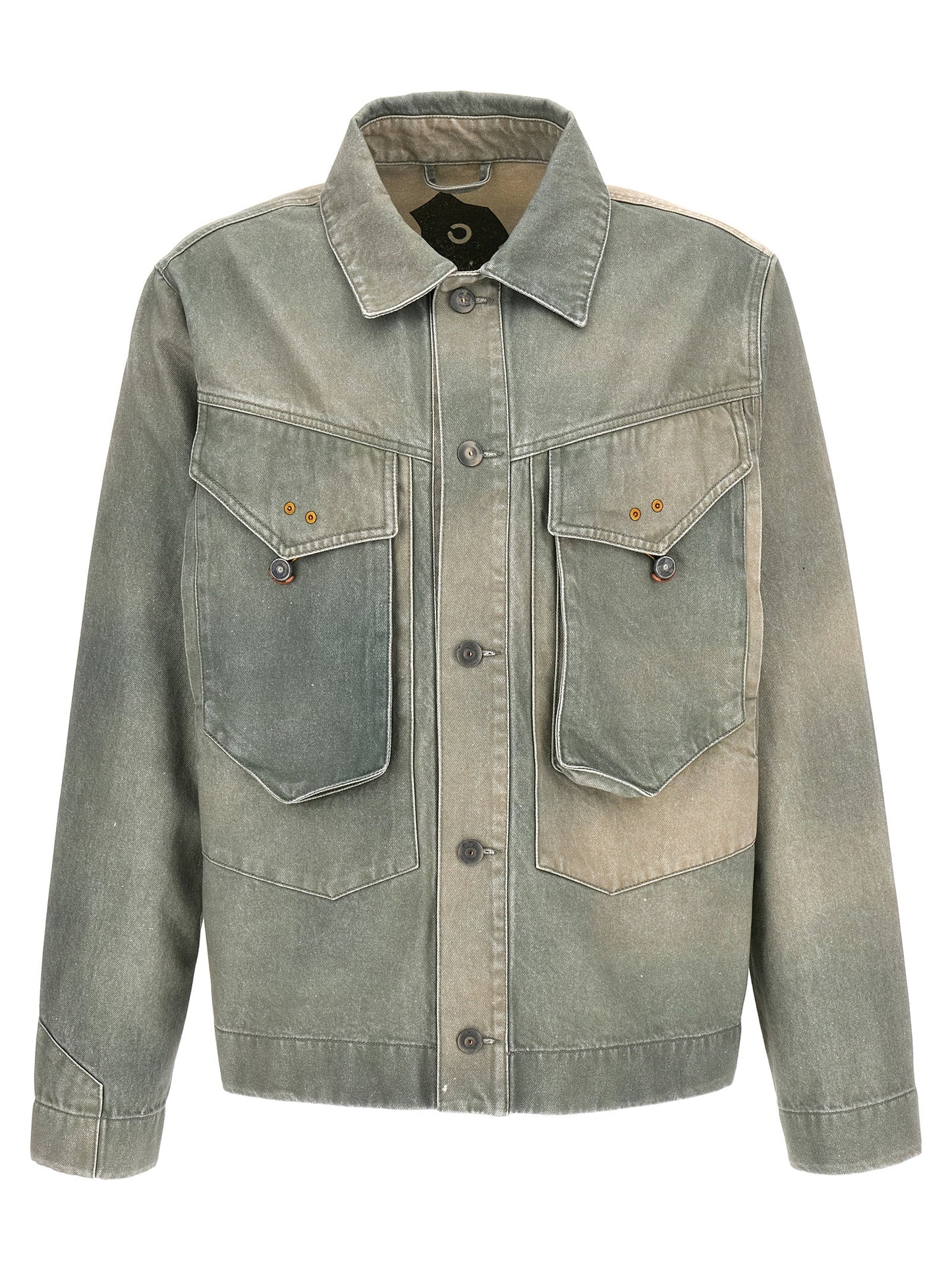 This Trucker Jacket by Objects IV Life for men in denim cotton bicolour & green exhibits a edgy silhouette, meticulously detailed with functional pockets and a edgy for a edgy finish.