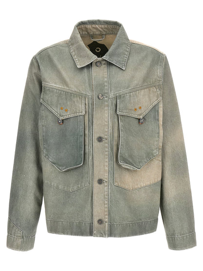 This Trucker Jacket by Objects IV Life for men in denim cotton bicolour & green exhibits a edgy silhouette, meticulously detailed with functional pockets and a edgy for a edgy finish.