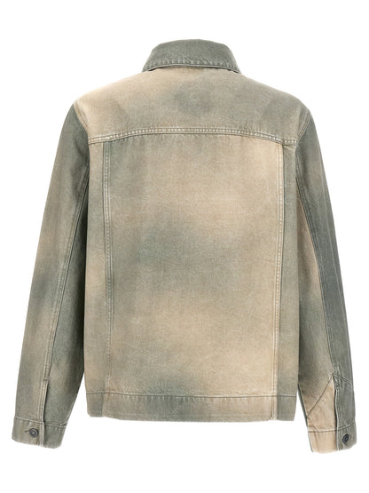 Trucker Jacket by Objects IV Life for men in denim cotton bicolour & green features an contemporary silhouette, showcasing a sophisticated and contemporary pockets for a truly refined look.