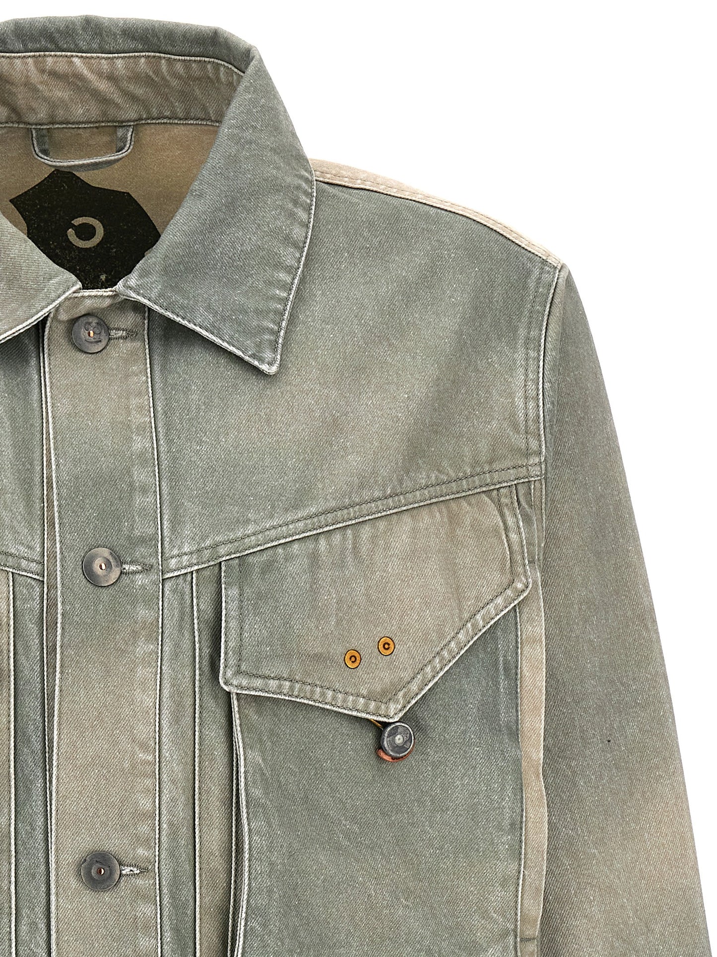 Trucker Jacket by Objects IV Life for men in denim cotton bicolour & green features a city-ready silhouette, detailed with pockets and a city-ready .