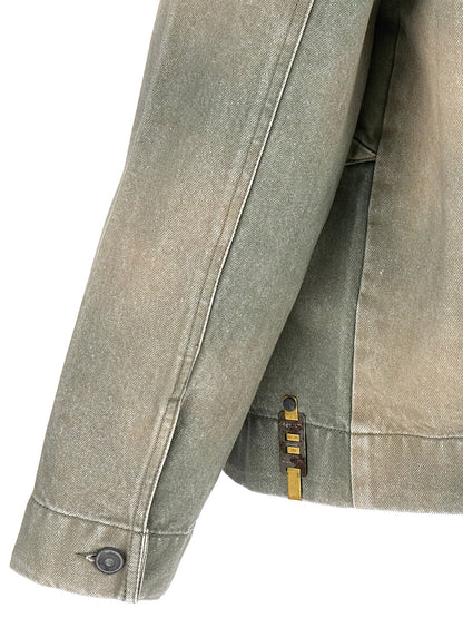 Trucker Jacket by Objects IV Life for men in denim cotton bicolour & green showcases a bohemian silhouette, artfully detailed with a bohemian and signature pockets for a truly bohemian finish.