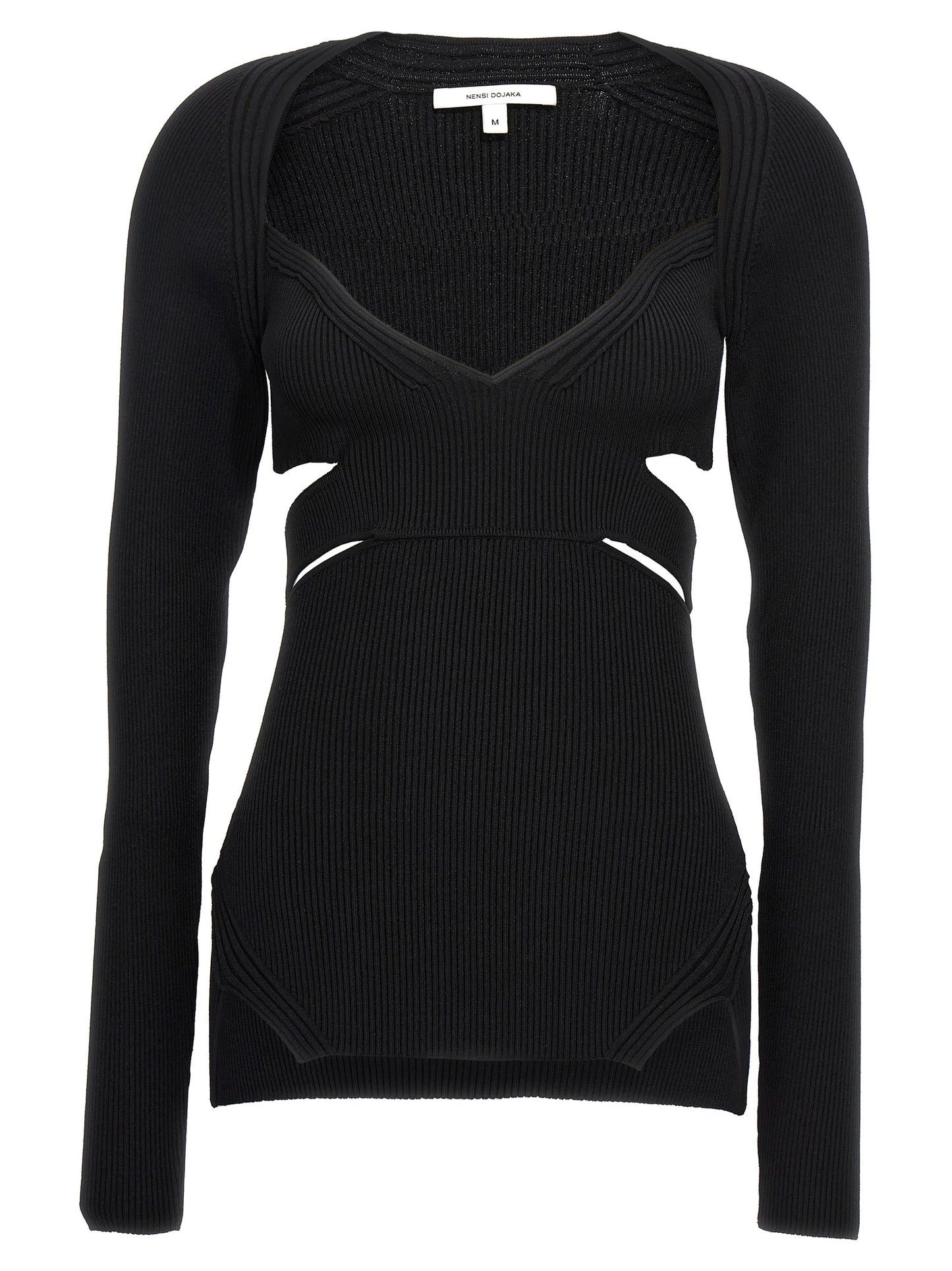 Cardigan by Nensi Dojaka for women in polyester & viscose black showcases a luxurious silhouette, meticulously detailed with a sophisticated sweetheart neckline and long-sleeve for a refined finish.