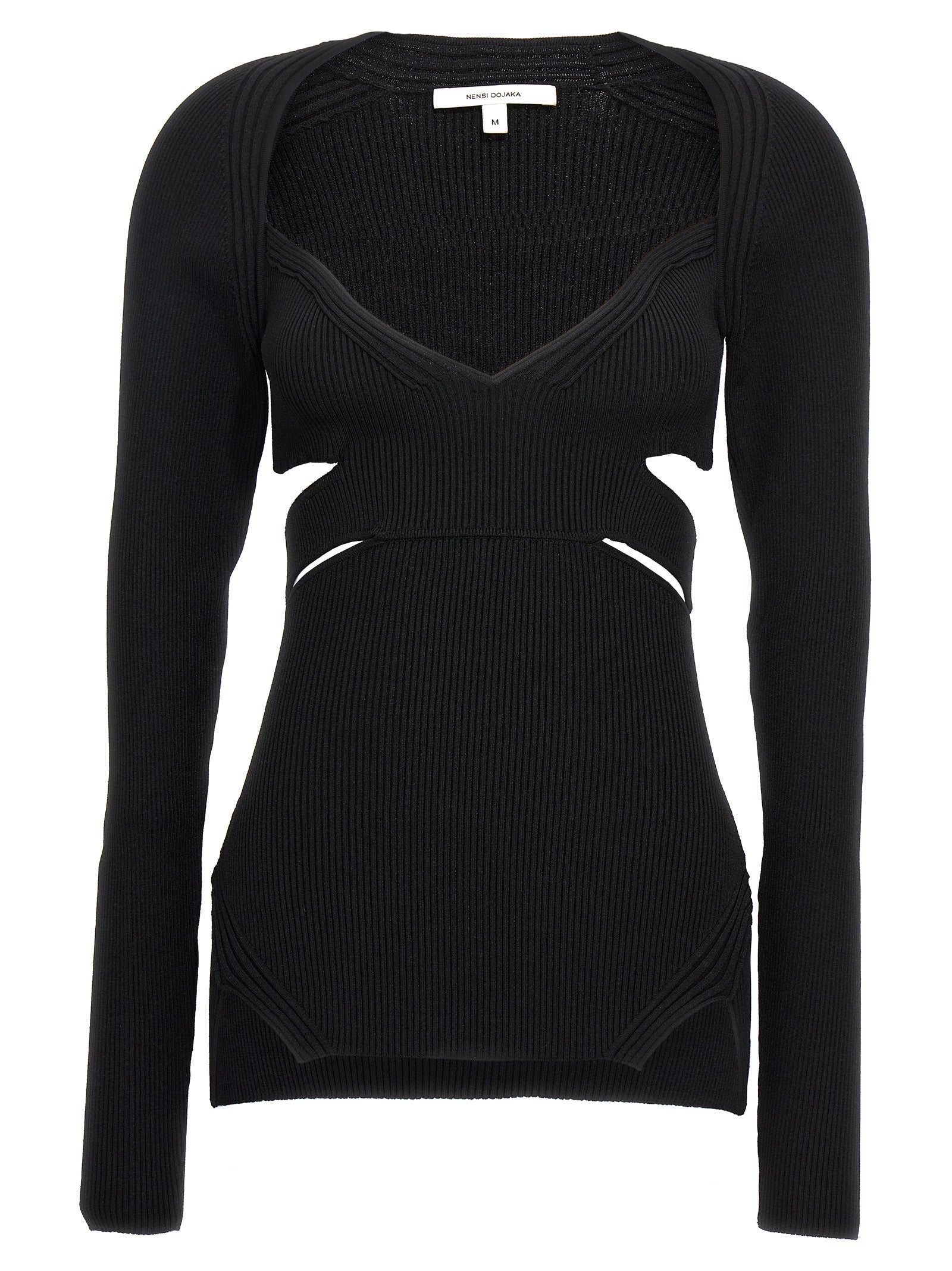 Cardigan by Nensi Dojaka for women in polyester & viscose black showcases a luxurious silhouette, meticulously detailed with a sophisticated sweetheart neckline and long-sleeve for a refined finish.