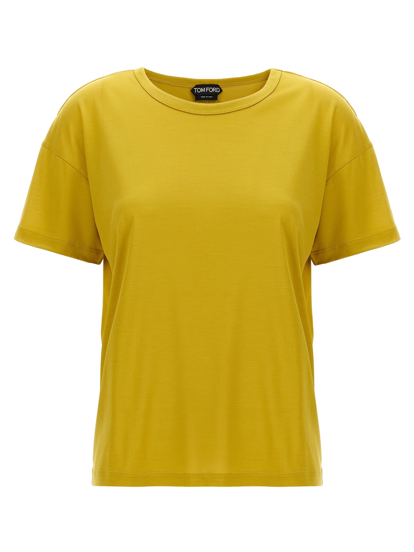 T-Shirt by Tom Ford for women in silk bicolour & yellow showcases a chic silhouette, artfully detailed with a chic crew neckline and short-sleeve for a chic finish.