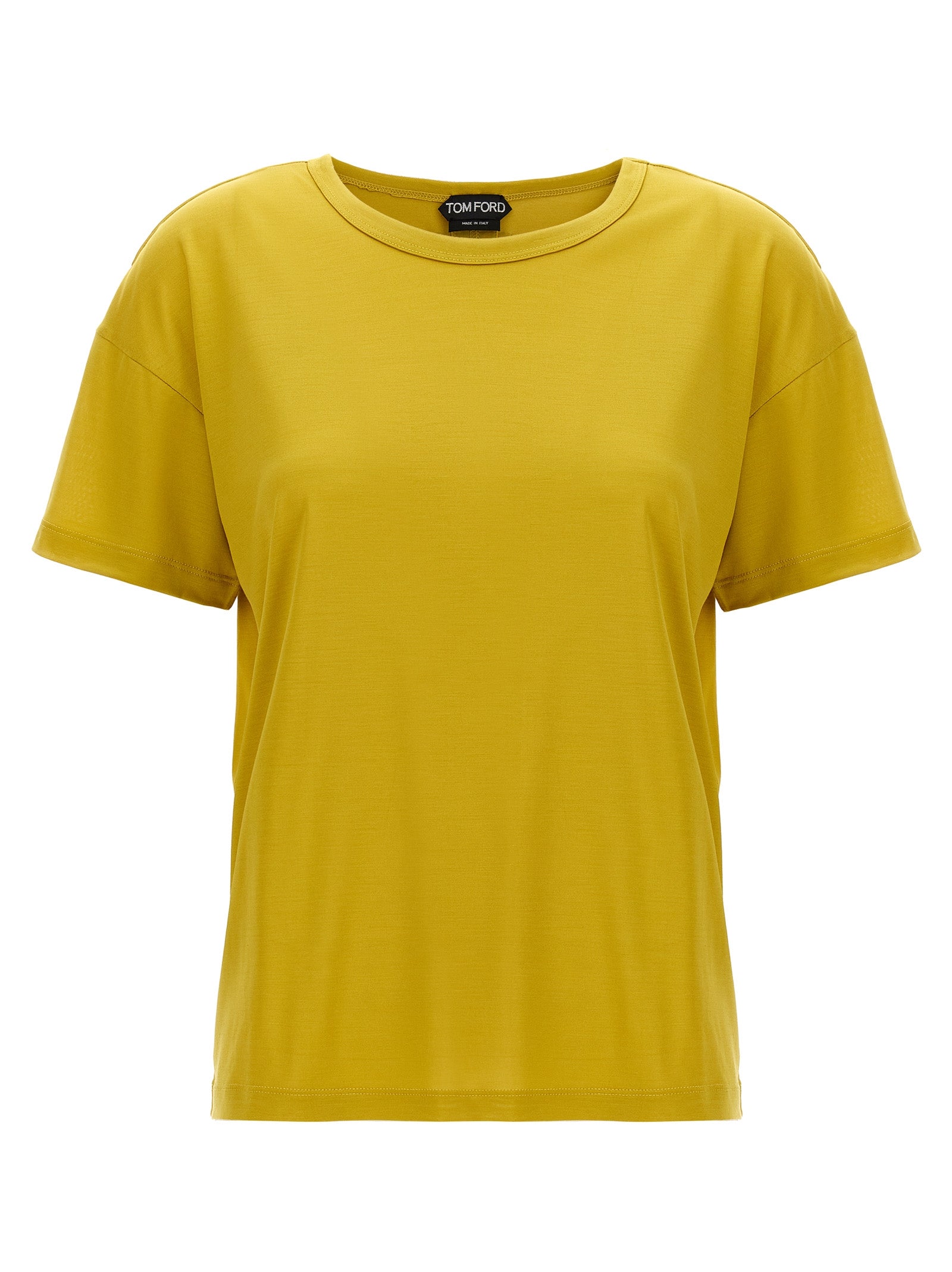 T-Shirt by Tom Ford for women in silk bicolour & yellow showcases a chic silhouette, artfully detailed with a chic crew neckline and short-sleeve for a chic finish.