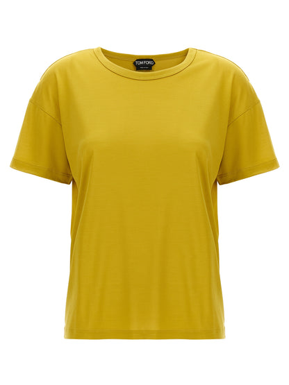 T-Shirt by Tom Ford for women in silk bicolour & yellow showcases a chic silhouette, artfully detailed with a chic crew neckline and short-sleeve for a chic finish.