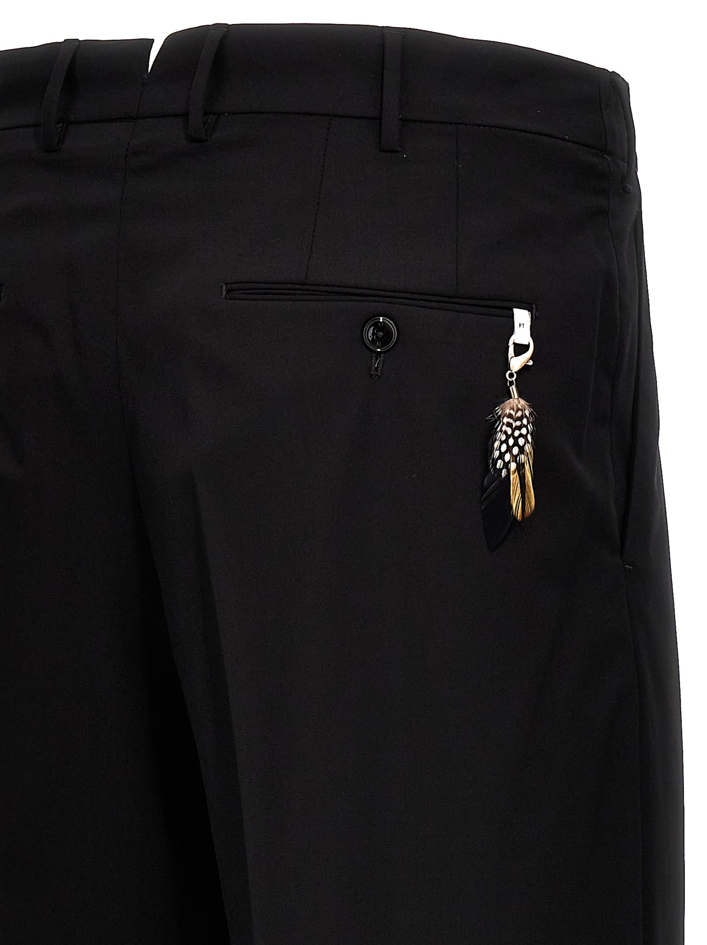 Trousers by PT Torino for men in virgin wool & polyamide black features an sartorial silhouette, showcasing a precise and long with a sartorial for a refined look.